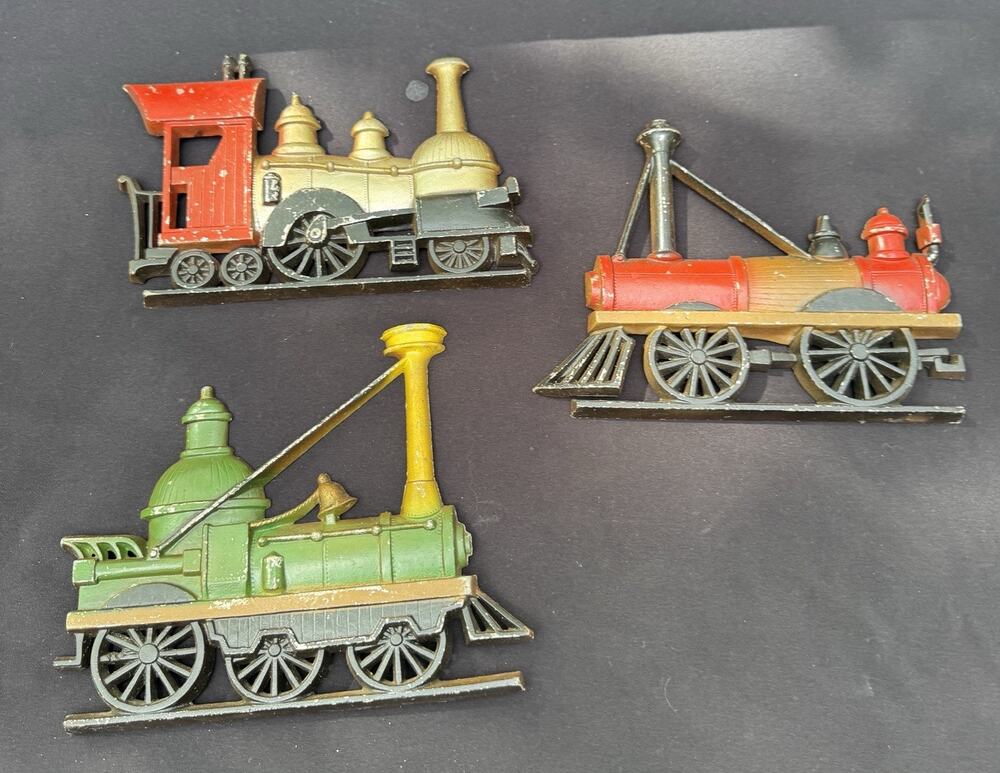 3 RARE 1969 Cast Metal Railroad Steam Engine Trains Wall Decor Sexton USA OS1